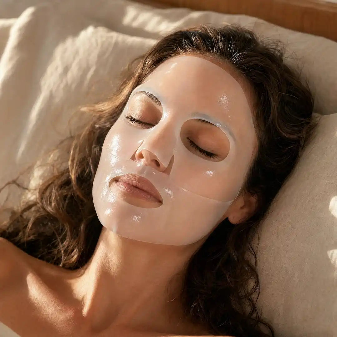 Photo d'une femme allongée paisiblement qui porte un masque bio-collagène Viebys