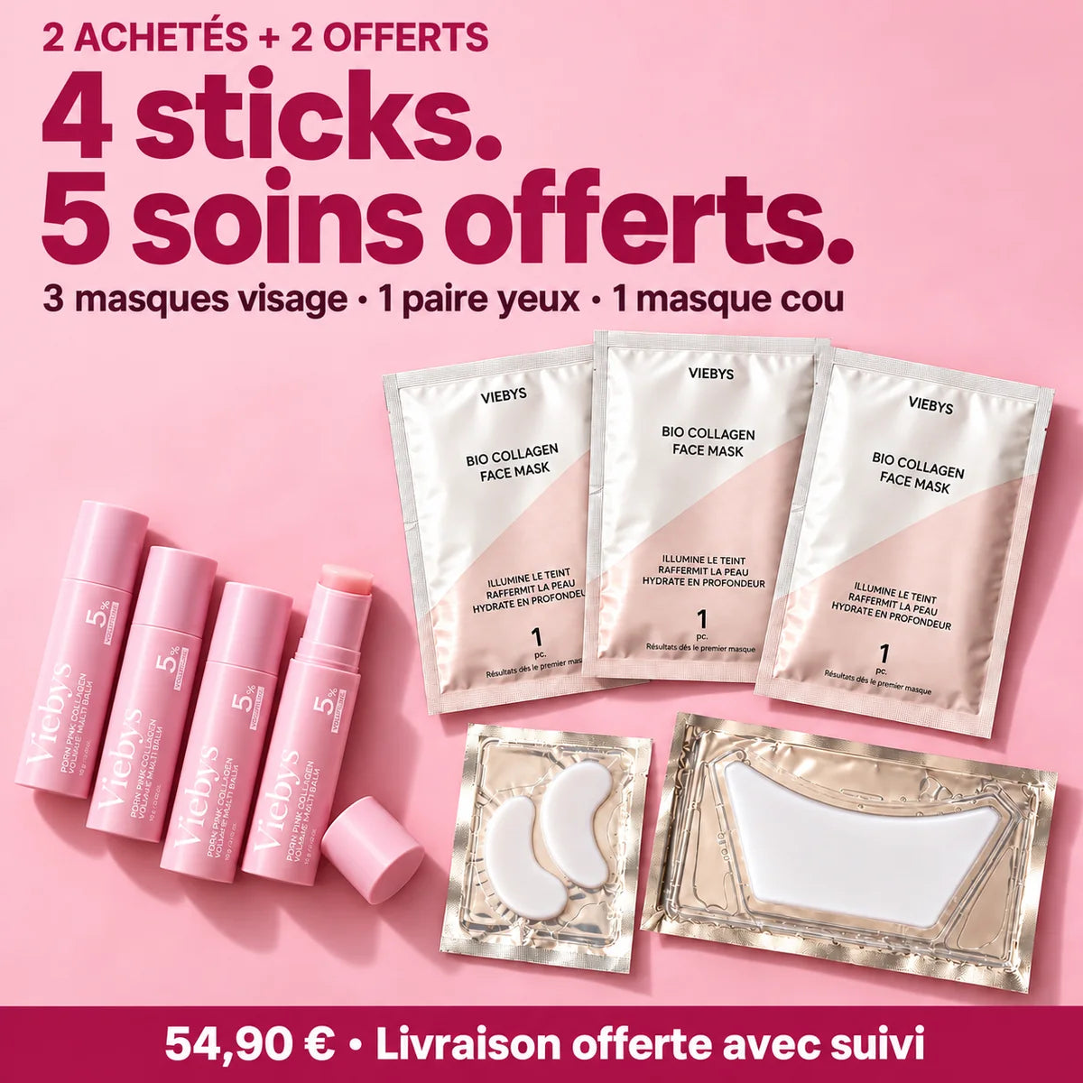 Coffret Viebys : quatre sticks Volume Reset, trois masques visage, une paire de patchs yeux et un masque cou offerts.