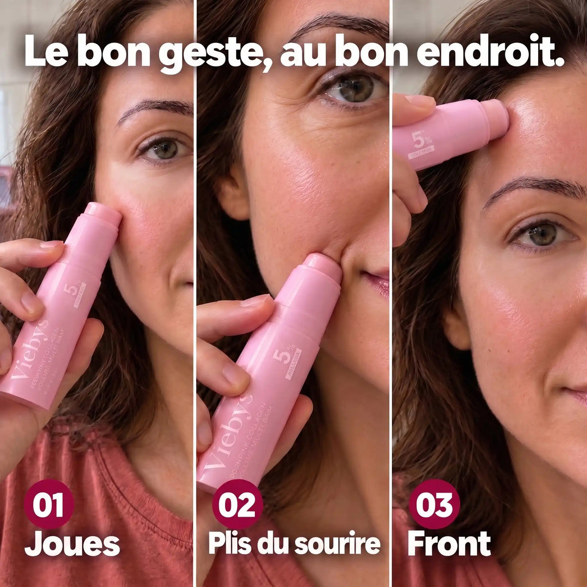 Trois gestes avec Volume Reset : glisser sur les joues, suivre les plis du sourire et masser du bout des doigts.