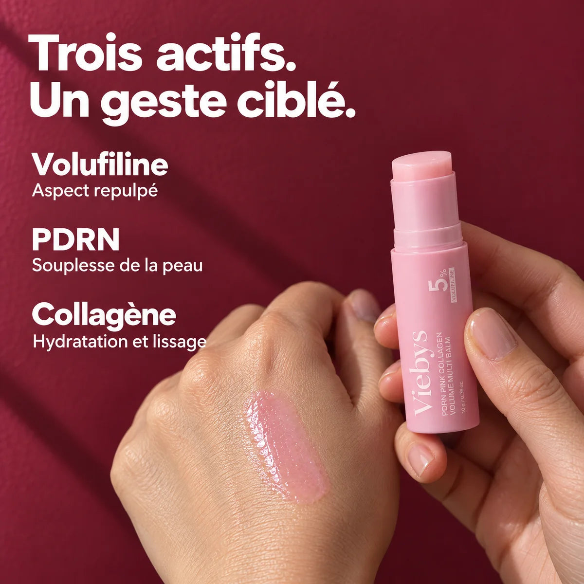 Formule du stick Volume Reset : Volufiline, PDRN et collagène, avec une texture de baume rose.